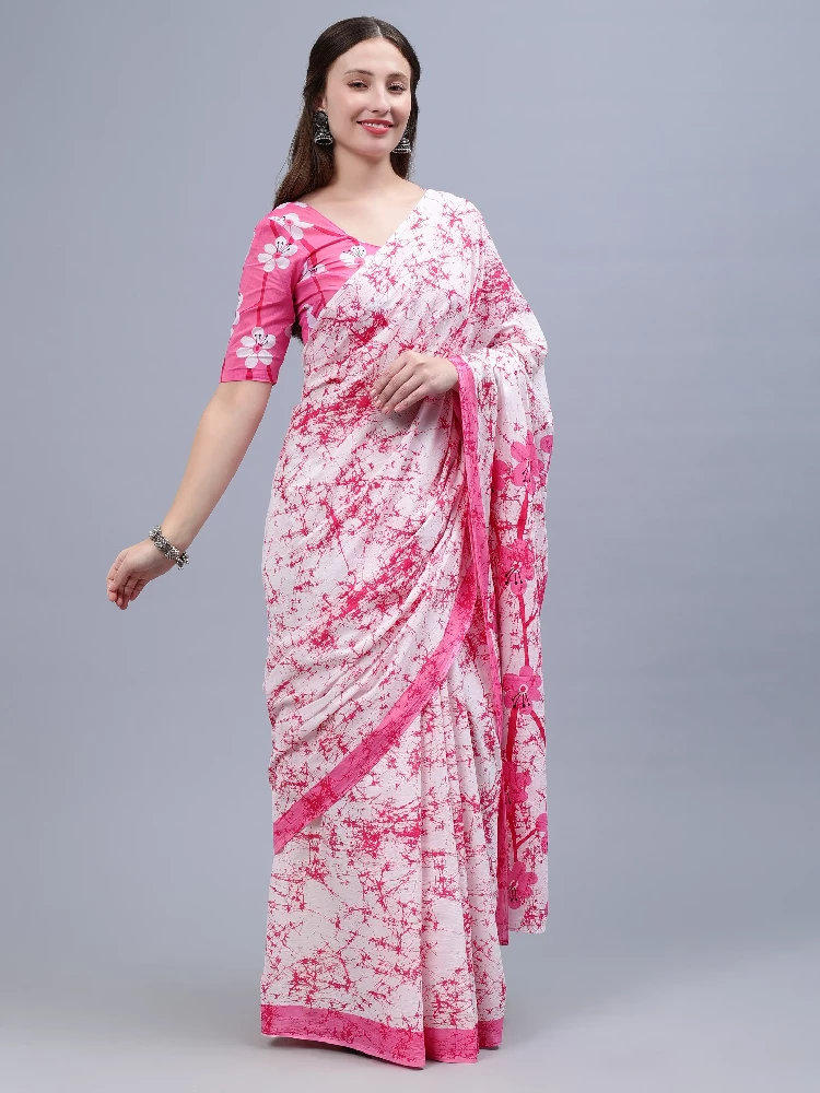 Pink White Printed Malmal Cotton Saree-6.webp